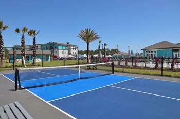 two tennis courts with palm trees and houses in the background
